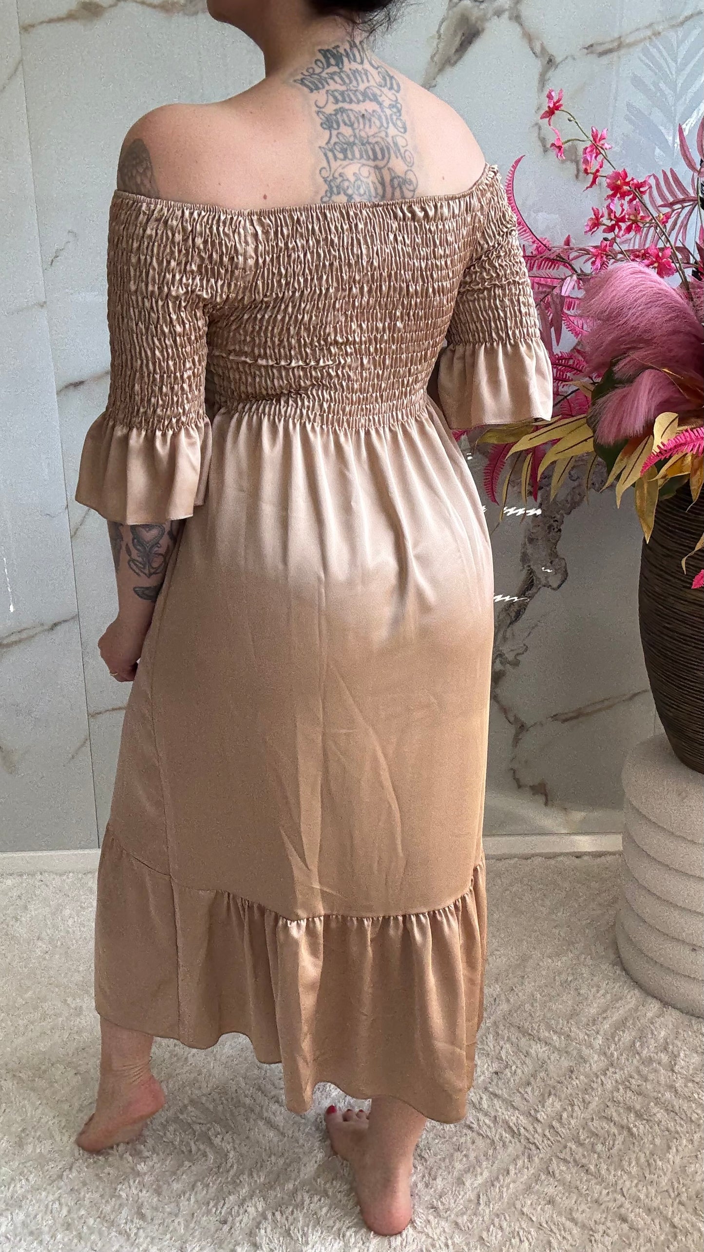 Off Shoulder Silk Dress | Champagne | 36-44