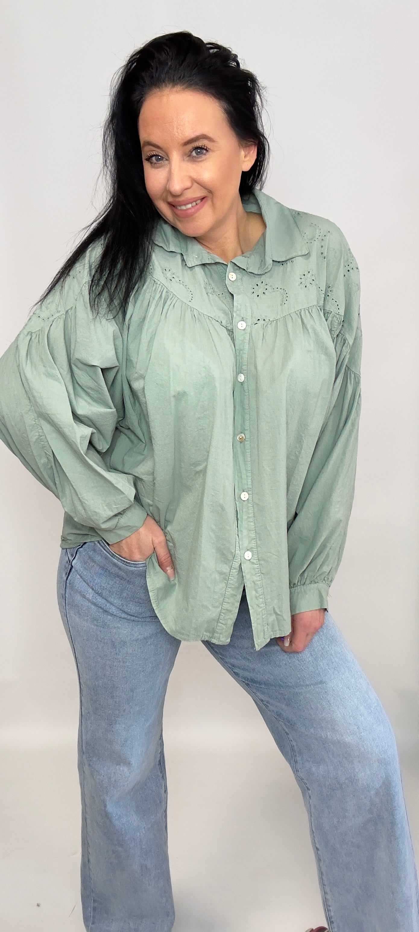 Jess | Broderie Overhemd Groen | 38-50