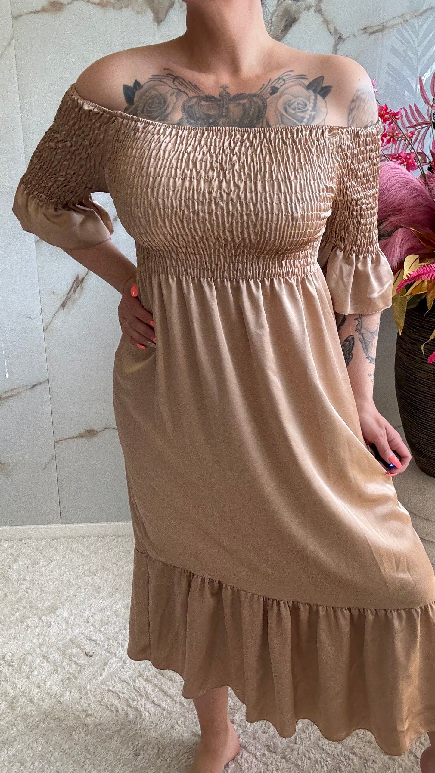 Off Shoulder Silk Dress | Champagne | 36-44