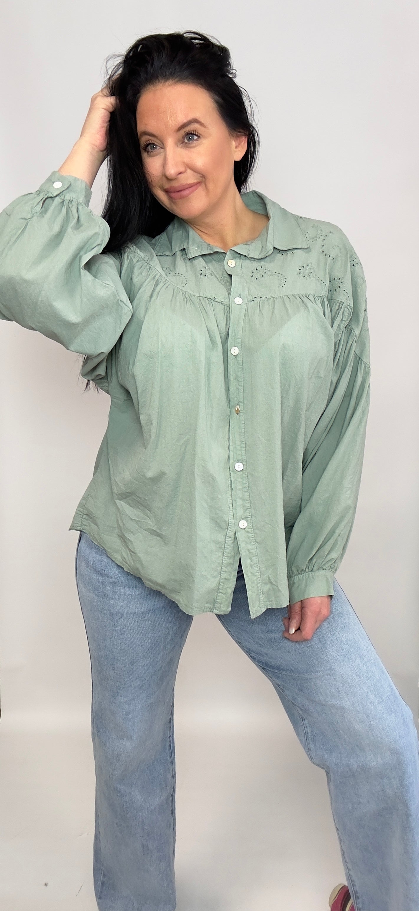 Jess | Broderie Overhemd Groen | 38-50