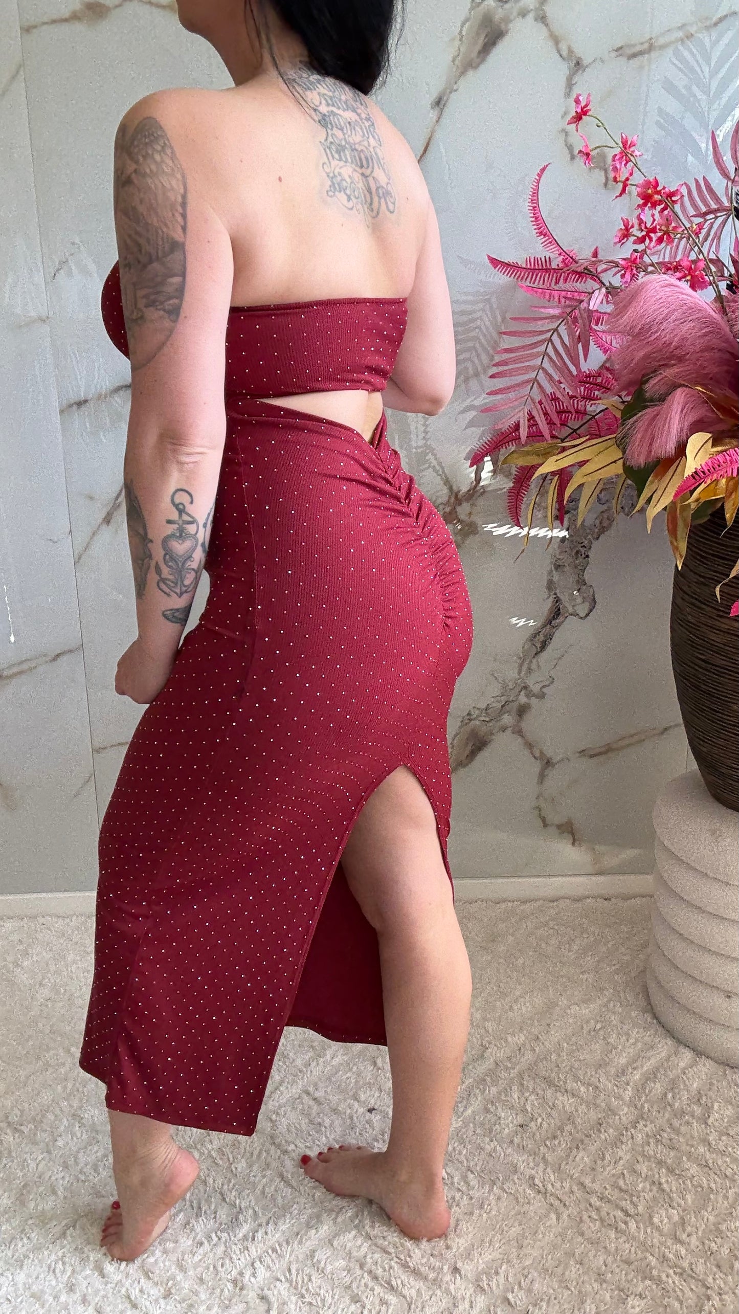 Off Shoulder Glitter Dress | Rood | 34-40