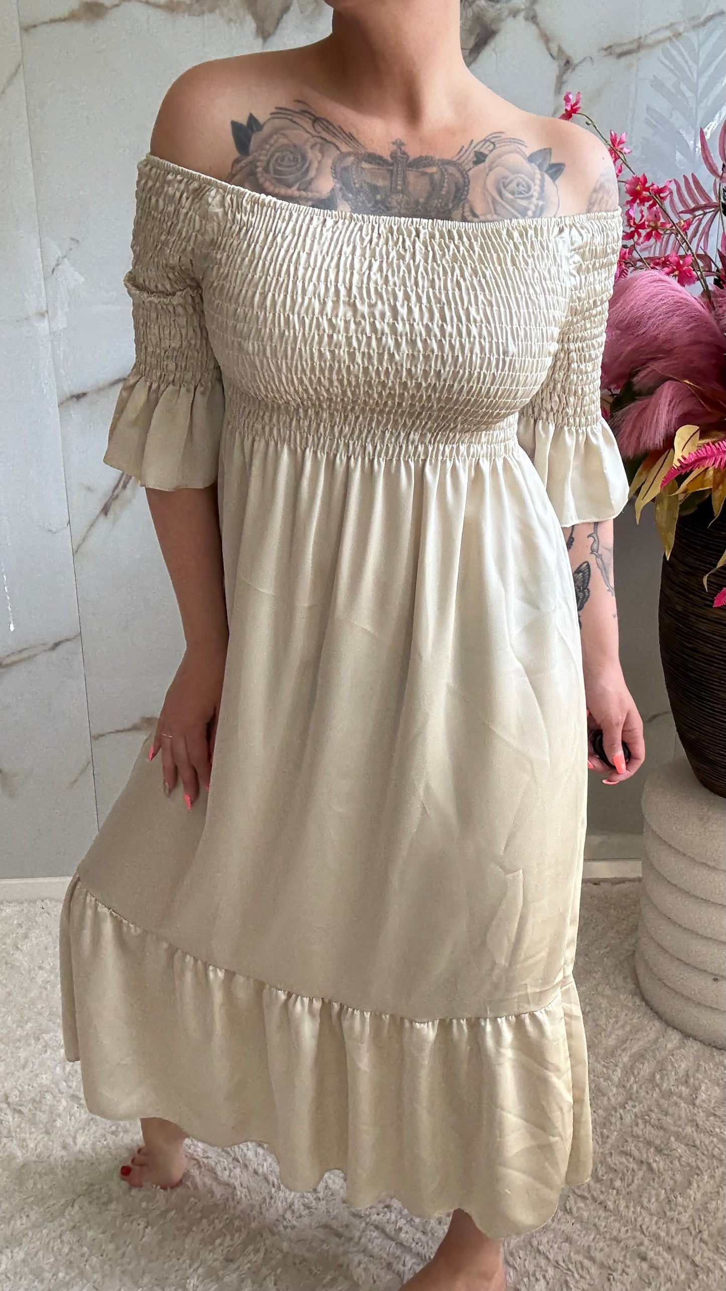 Off Shoulder Silk Dress | Beige | 36-44