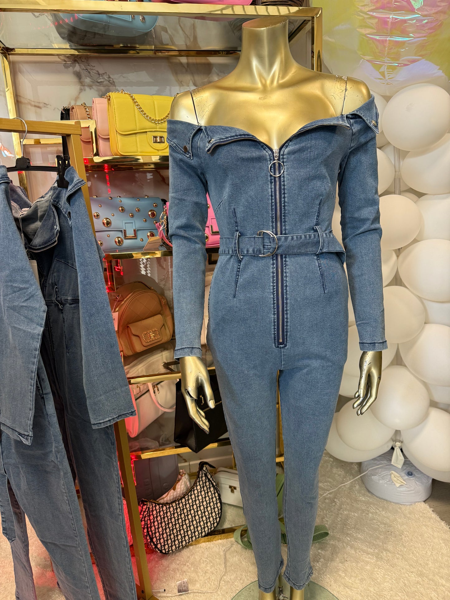 Off shoulder Stretch Jeans Jumpsuit
