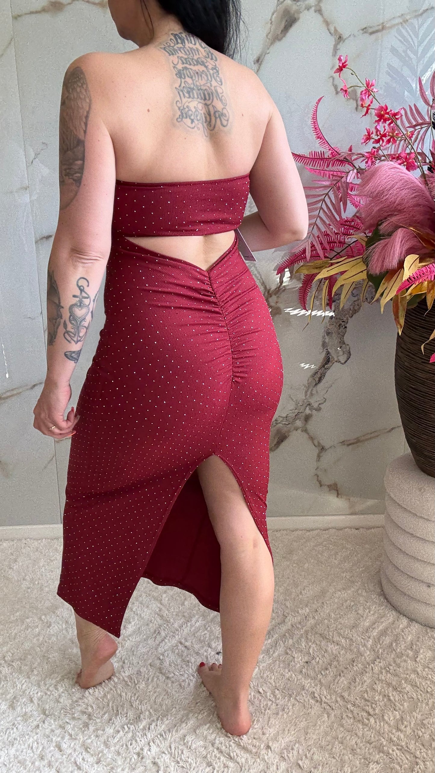 Off Shoulder Glitter Dress | Rood | 34-40