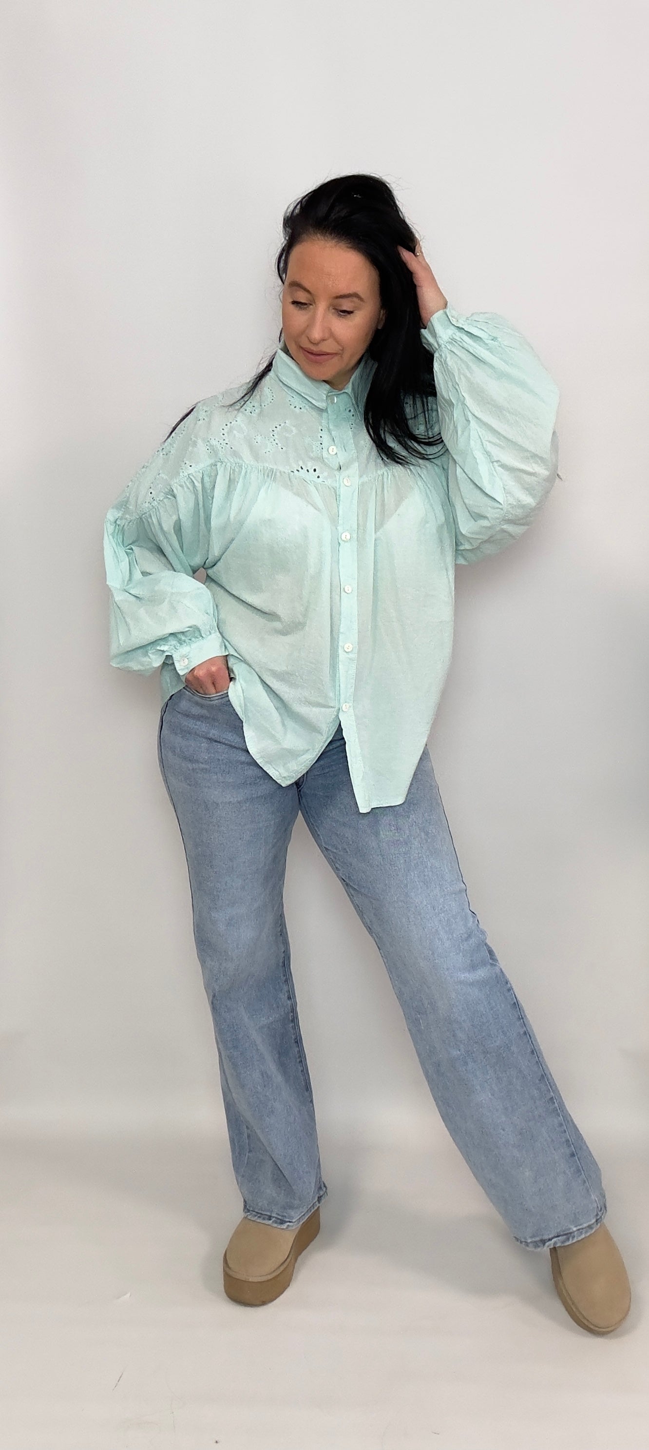 Jess | Broderie Overhemd Aqua | 38-50