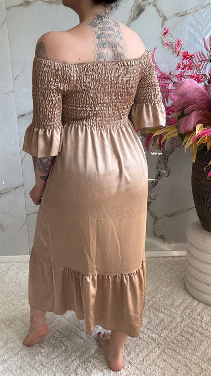 Off Shoulder Silk Dress | Champagne | 36-44