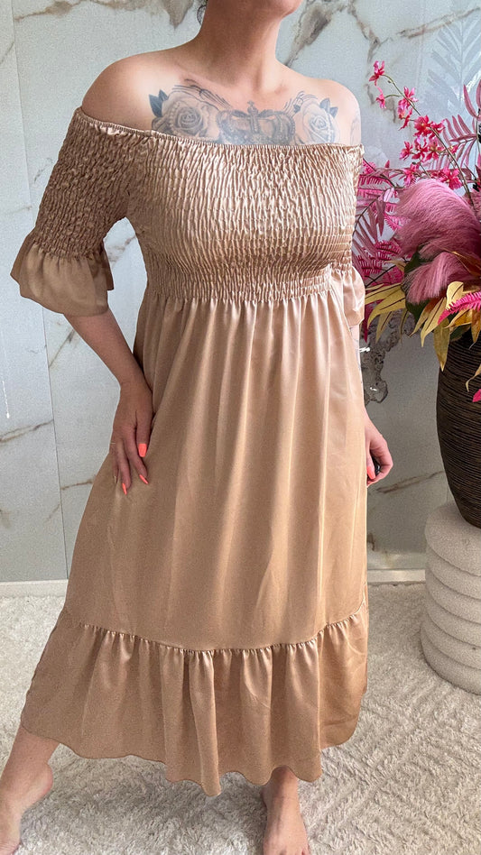 Off Shoulder Silk Dress | Champagne | 36-44