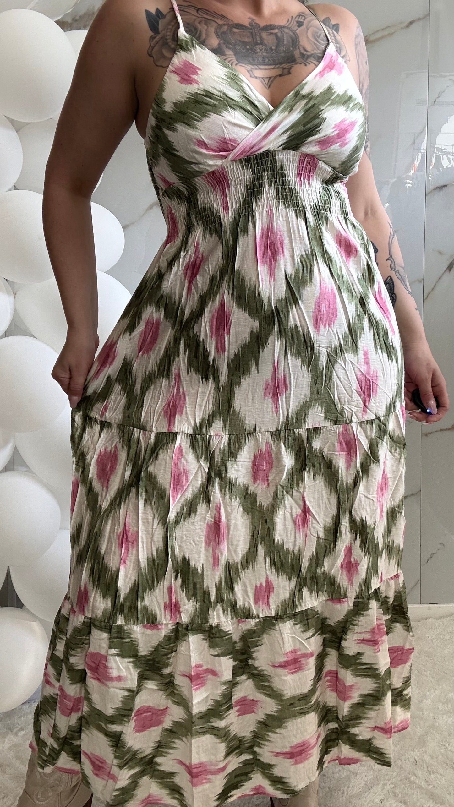 Lange Jurk Spaghettibandjes | 68605 | Groen/Roze